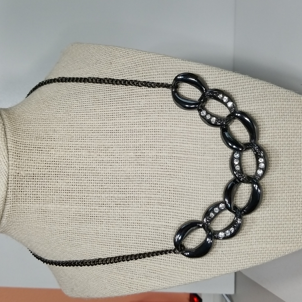 Gun Metal Linked Rhinestones Accented Necklace